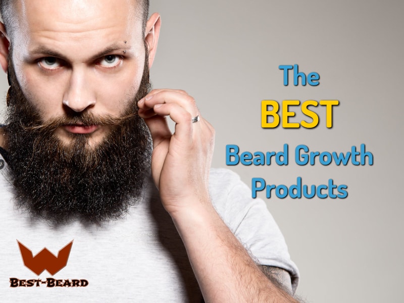 Featured image for the best beard growth products article. Showing a bearded man in the background