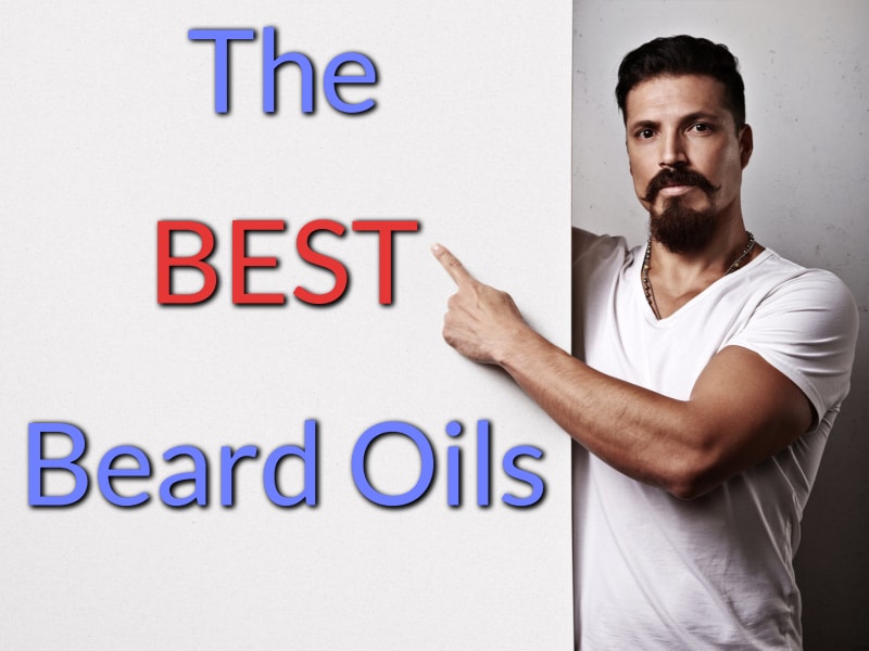 The best beard oils featured image, showing a bearded man pointing at the title