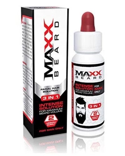 Product image of Maxx Beard's 3-in-1 beard solution as well as the packaging