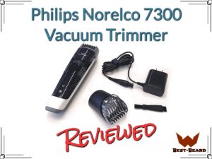 Featured image for the philips norelco 7300 vacuum trimmer review article showing the trimmer and its accessories