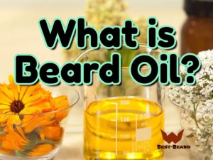 The featured image of the "what is beard oil" article. The image shows natural oils as a background with the title of the article