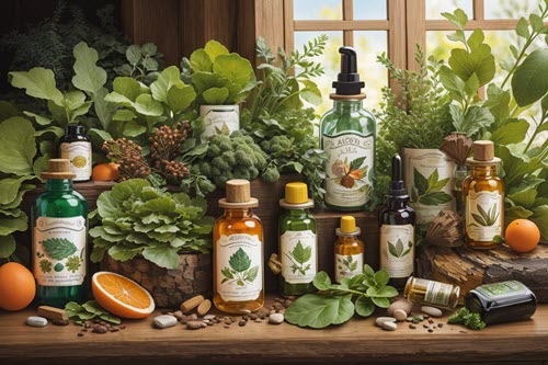 Vintage styled bottles of beard growth vitamins amidst a natural, organic setting, illustrating the blend of science and nature in promoting beard health.