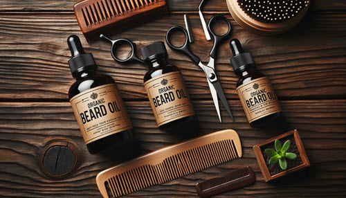 Essential grooming tools and organic beard oils for sustainable beard care.