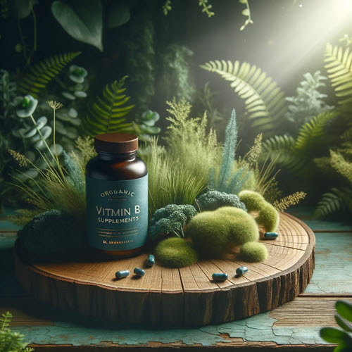 Organic Vitamin B supplements amidst lush greenery, embodying natural beard nourishment.