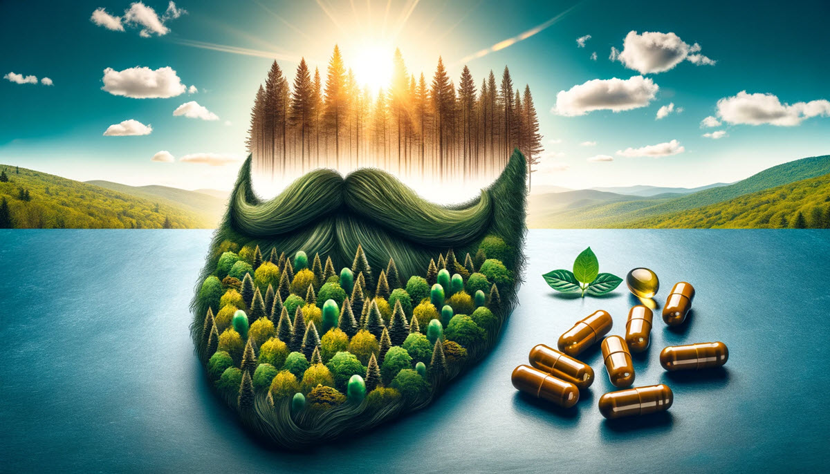 The transformative journey of vitamin B for beard growth showcased through a lush beard and Vitamin B capsules set against a rustic Vermont backdrop.
