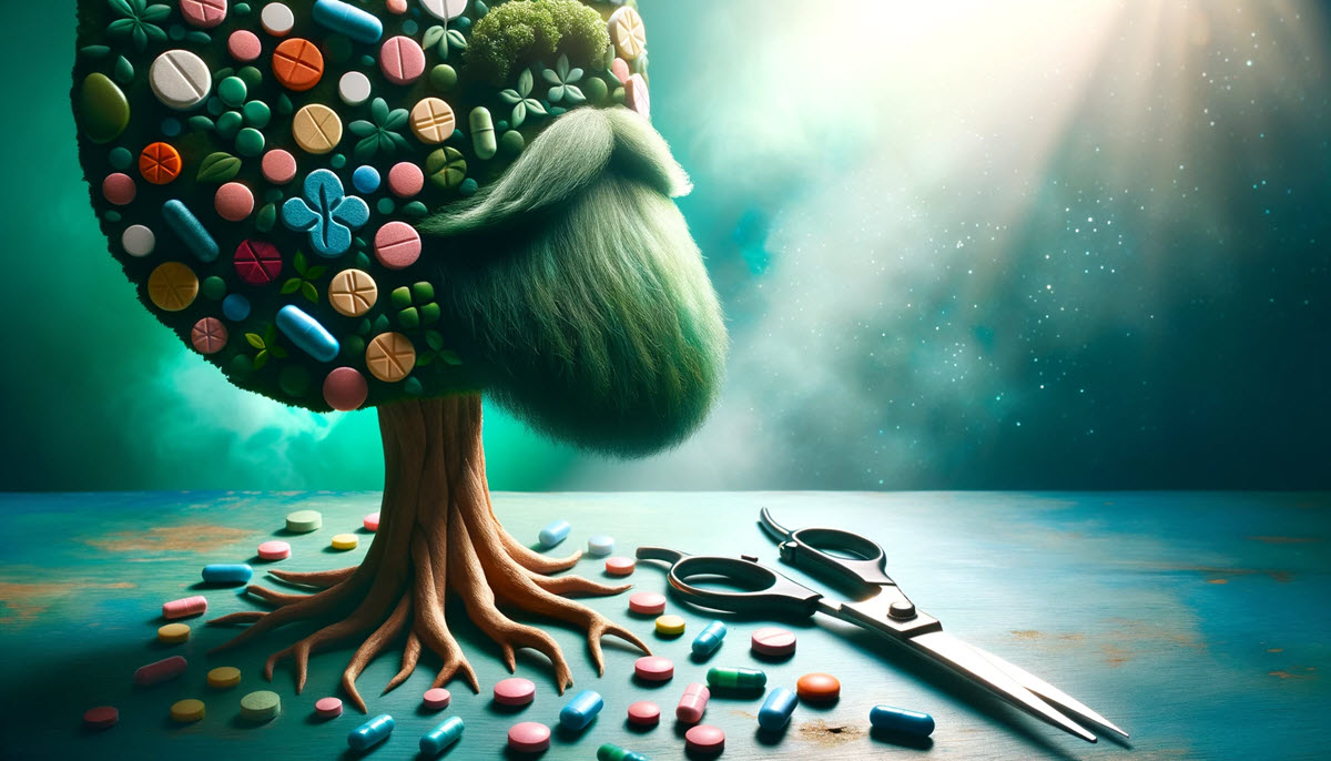 Vitamins for hair and beard growth featured image of a Photo of a fantastical scene where a beard morphs into a tree. This unique tree is adorned with leaves made from an array of colorful vitamins. Positioned nearby, a pair of grooming scissors contemplates its next trim. The backdrop is bathed in soft sunlight, providing a tranquil and mystical mood with a blend of teal and turquoise.