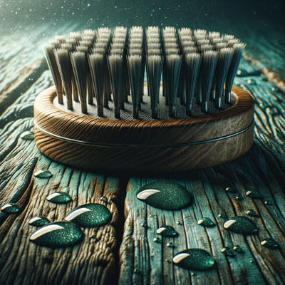 Close-up of a sustainable synthetic bristle beard brush with organic beard oil on a wooden backdrop.