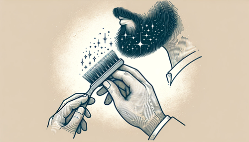 Simplistic illustration of a hand grooming a healthy, shiny beard with a beard brush.