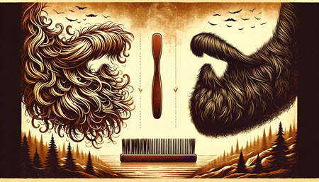 Illustration showcasing the transformation from an unruly to a well-groomed beard using a beard grooming brush.